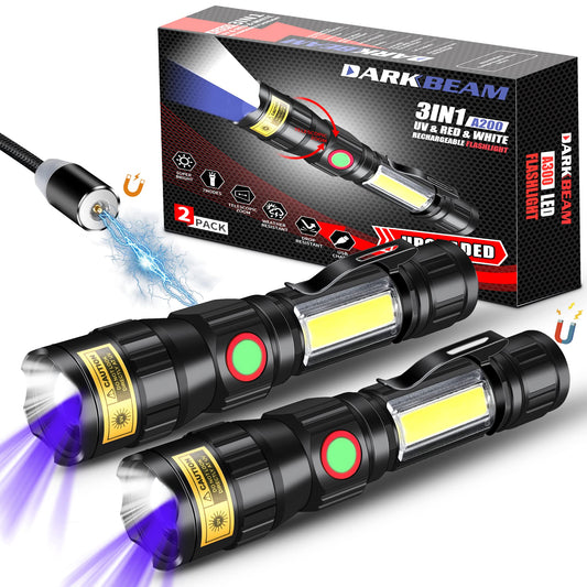 DARKBEAM A200 UV 365nm flashlights USB magnetic rechargeable LED flashlight 3 in 1 blacklight, ultraviolet wood lamp UV light 365 nm, detector for animal urine/amber/fluorescence, 2 pieces