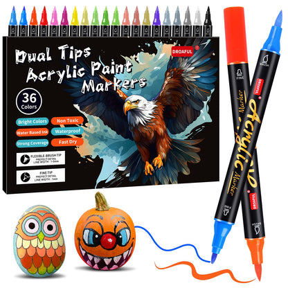 Acrylic paint pens for stones, 36pc. Waterproof, dishwasher safe. Can be used on stones, porcelain, glass, canvas, ceramic, wood, metal, plastic. Quick-drying, non-toxic, odorless.