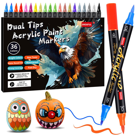 Acrylic paint pens for stones, 36pc. Waterproof, dishwasher safe. Can be used on stones, porcelain, glass, canvas, ceramic, wood, metal, plastic. Quick-drying, non-toxic, odorless.
