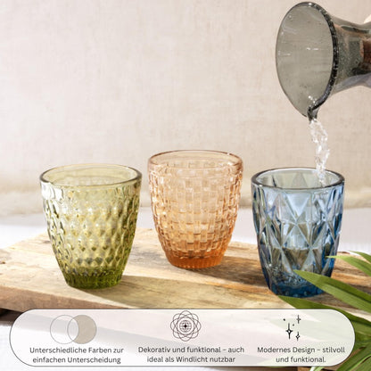 Singer drinking glasses set of 6 glass glasses for 6 people, water glass, multicolored, unique cut, everyday, family meals, office, outdoor juice glasses set | 310 ml.