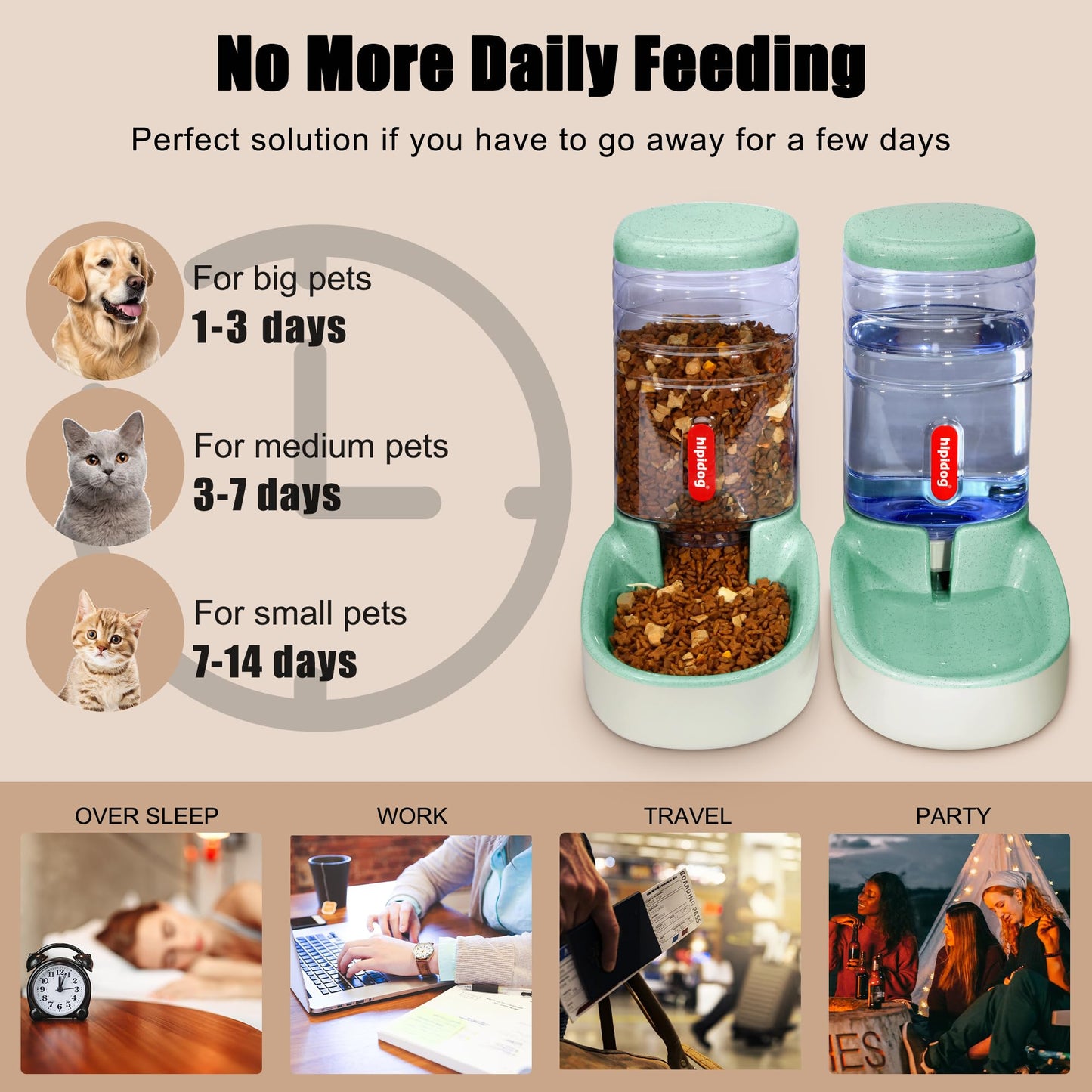 Automatic feeder for small and medium-sized pets, 3.8L, travel feeder and water dispenser for dogs, cats, pets (Green)