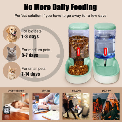 Automatic feeder for small and medium-sized pets, 3.8L, travel feeder and water dispenser for dogs, cats, pets (Green)