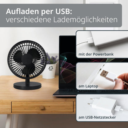 ADE Fan very quiet | USB desk fan 3 speeds | battery up to 7.5h runtime | 2,000 mAh | 90° tilt angle | light and flexible | anthracite.