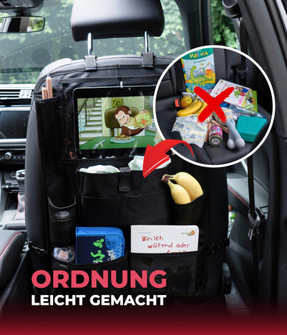 Heart child backrest protector and organizer. Car organizer with extra large 13" tablet compartment and 9 pockets. Seat protector with tablet holder for car rides with children. (1 piece)