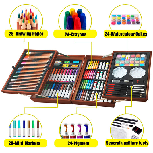 KINSPORY Premium Art Set Deluxe 139 Pieces Painting Kit for Kids Beginners Great Colored Pencil Set, Watercolors, Oil Pastels, Drawing Pens, Pencils as Drawing Set Gift for Kids