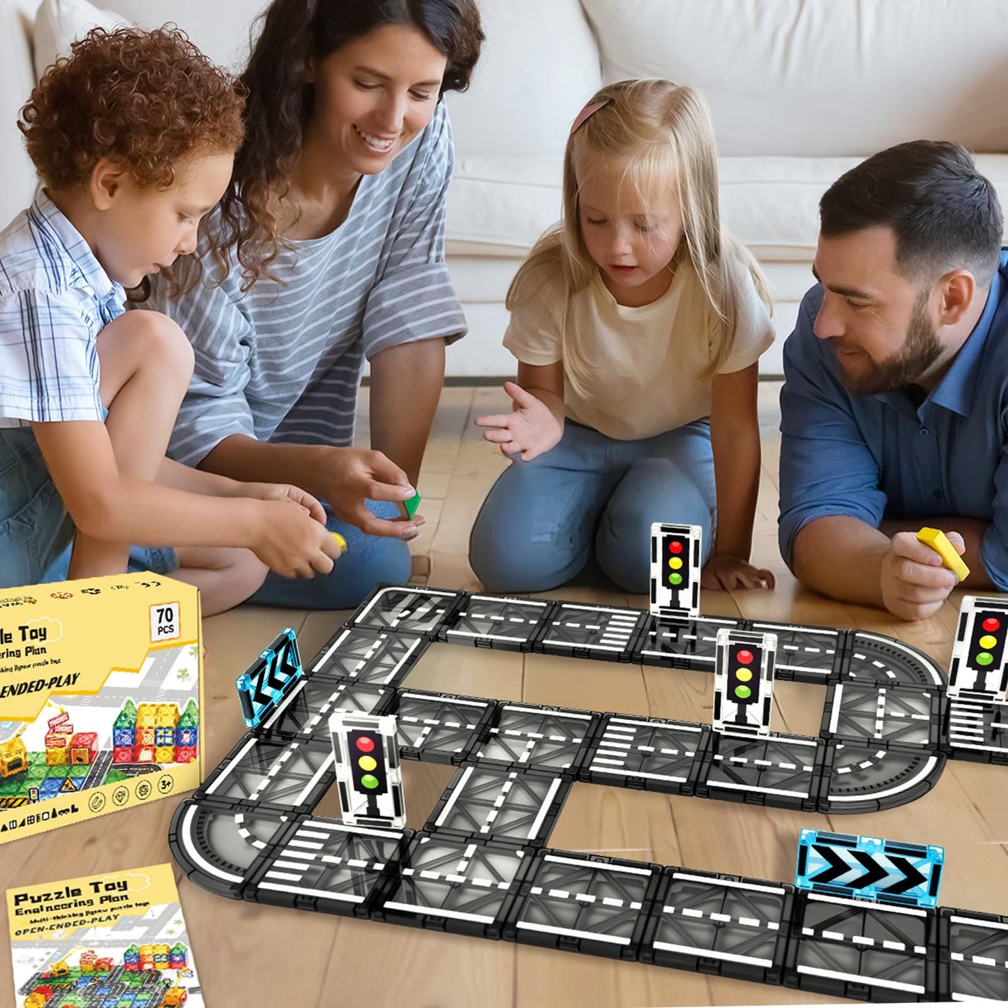 BuzzoXerex Magnetic Building Blocks Road Set, 70PCS Magnetic Tiles City Streets, Magnetic Blocks Road Extension Set Learning Activities Gift for 3 4 5 year olds