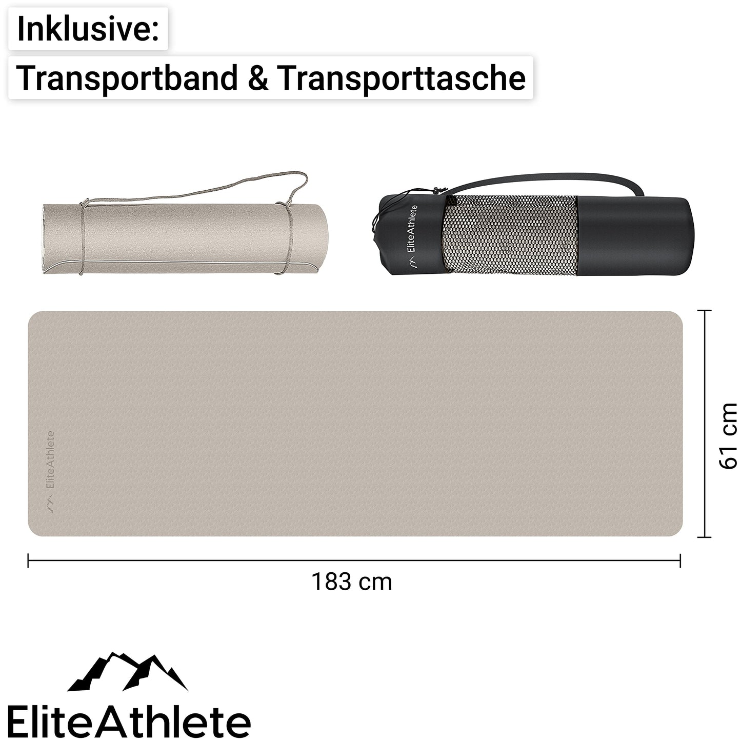 EliteAthlete Yoga mat - Exercise mat - Fitness mat - Gymnastics mat padded & non-slip for fitness, Pilates - Yoga Mat - 183 cm x 61 cm x 0.6 cm - Training mat incl. Transport strap + bag