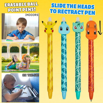 Pokemon Erasable Ballpoint Pen Kids 4-Pack Set Blue Ink Pikachu Rollerball with Eraser School Gifts for Boys and Girls