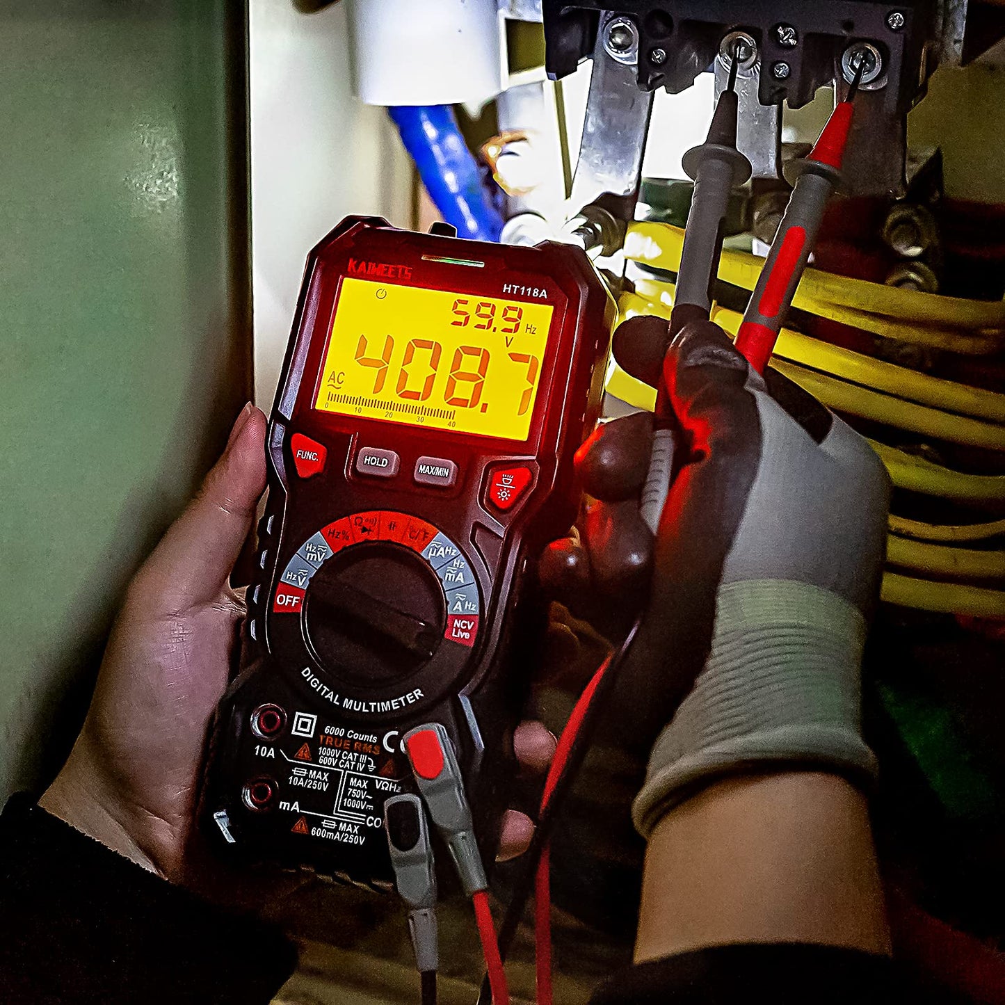 KAIWEETS Digital Multimeter with LED jacks, True RMS Auto-Range 6000 Counts, measures voltage, capacitance, temperature, resistance for electricians.