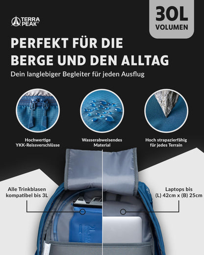 Terra Peak hiking backpack 30L men women adults blue small - Outdoor bike backpack touring backpack - Waterproof daypack ski backpack - Survival hiking backpacks easy to carry Flex 30