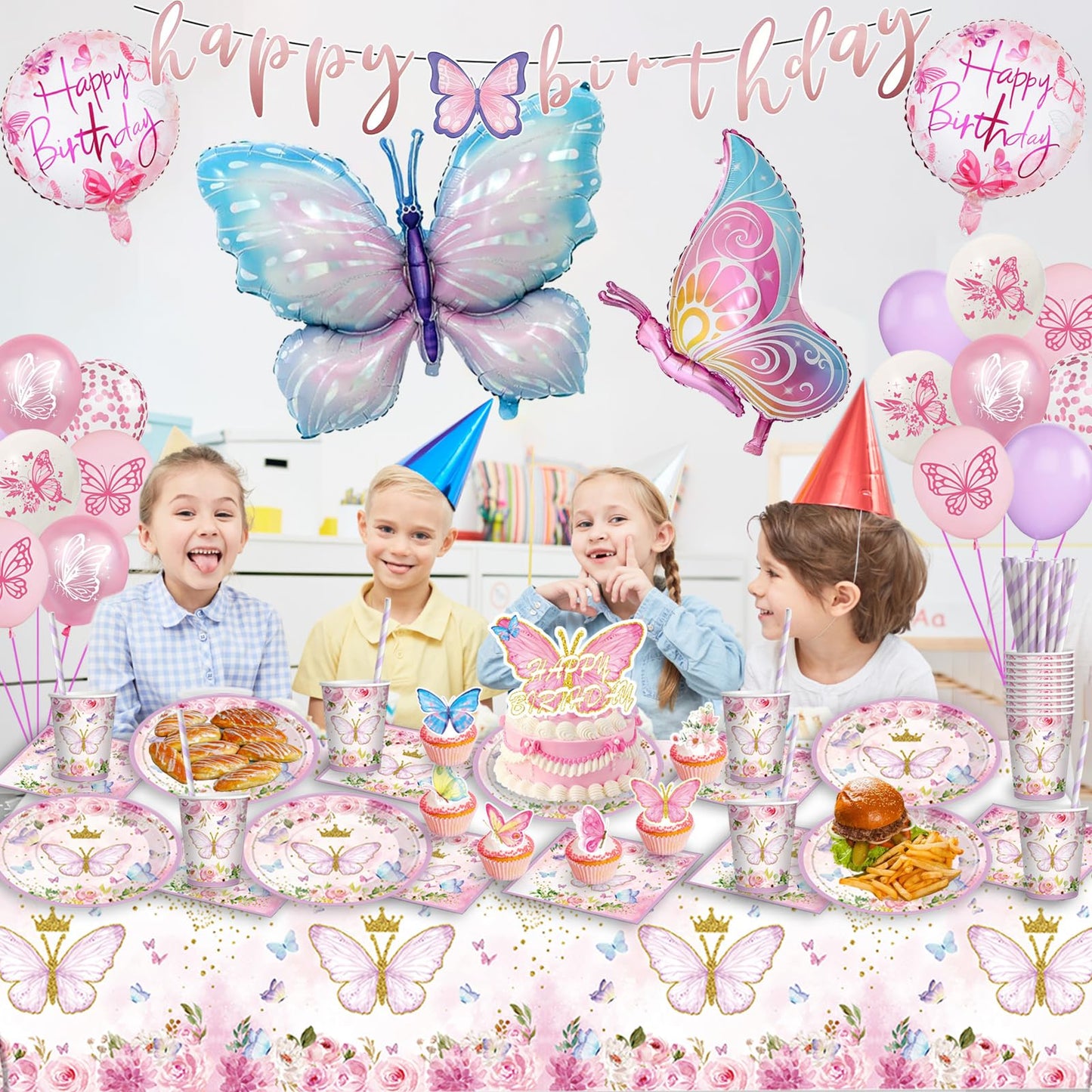 Butterfly party tableware set for birthday - decorations, balloons, paper plates, tablecloth for girls' party decoration - 16 guests
