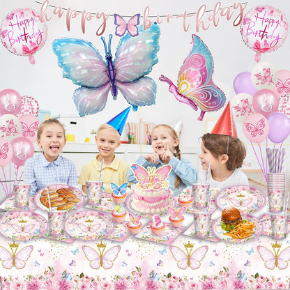 Butterfly party tableware set for birthday - decorations, balloons, paper plates, tablecloth for girls' party decoration - 16 guests