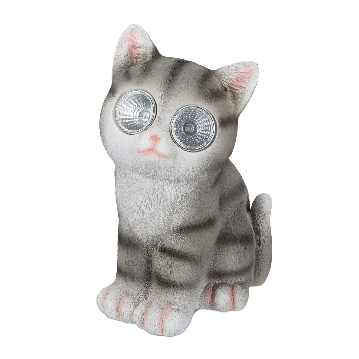 Relaxdays 4 x Garden Figurine Cat, Figure with LED Solar Eyes, Resin, Decoration for Garden, Balcony, HxWxD 23 x 12 x 14 cm, Grey