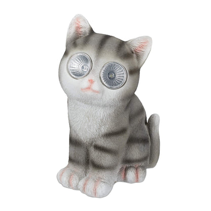 Relaxdays 4 x Garden Figurine Cat, Figure with LED Solar Eyes, Resin, Decoration for Garden, Balcony, HxWxD 23 x 12 x 14 cm, Grey