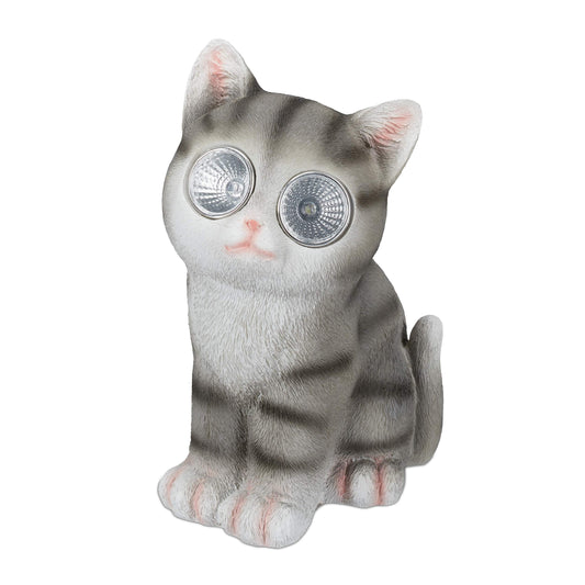 Relaxdays 4 x Garden Figurine Cat, Figure with LED Solar Eyes, Resin, Decoration for Garden, Balcony, HxWxD 23 x 12 x 14 cm, Grey