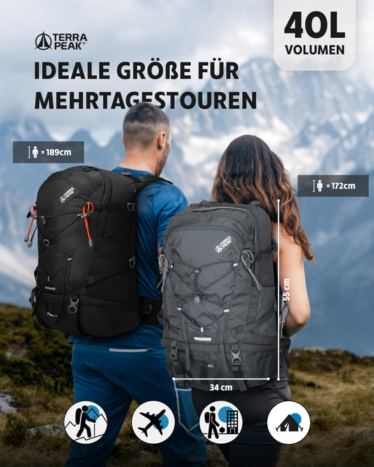 Terra Peak hiking backpack 40 liters for women and men Flex 40 gray - daypack backpack waterproof - backpack for hiking & camping - with integrated hydration system holder and laptop compartment - unisex daypack