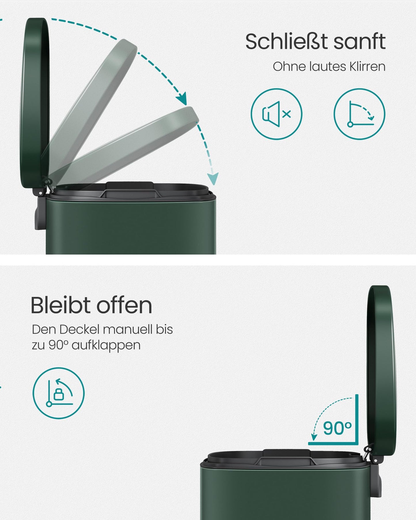 SONGMICS Kitchen Trash Can, 50 liters, Waste Bin, Step Bin, with Lid, Soft Close, Foot Pedal, Steel, Inner Bucket, Vintage Green LTB050C02