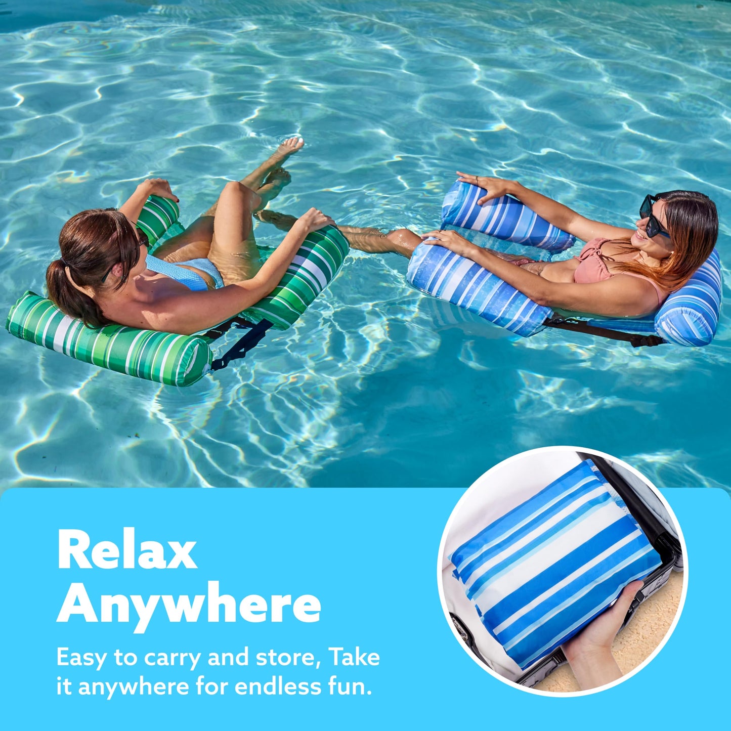 SLOOSH Inflatable Adult Pool Float, 2-Pack Floating Pool Rafts, Adult Inflatable Pool Noodles, Swim Chair for Parties, Summer, Water, Beach, Glow-in-the-Dark Stripes, Green, Blue