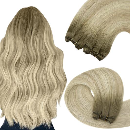 YoungSee blonde 45cm real hair weft for sewing in ash blonde ombre blond hair extensions double weft weave extensions for women 100g #SUN