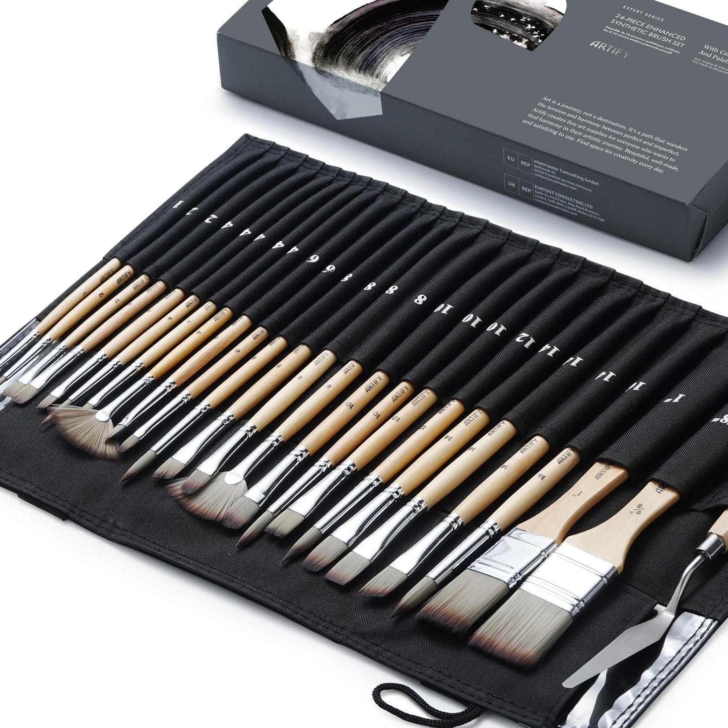 ARTIFY 25-piece Premium Brush Set for Acrylics, Flat Filbert Round Fan Liner Angled Brushes with Canvas Bag and Palette Knife for Acrylic Oil Watercolor Gouache Body Painting.