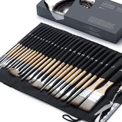 ARTIFY 25-piece Premium Brush Set for Acrylics, Flat Filbert Round Fan Liner Angled Brushes with Canvas Bag and Palette Knife for Acrylic Oil Watercolor Gouache Body Painting.