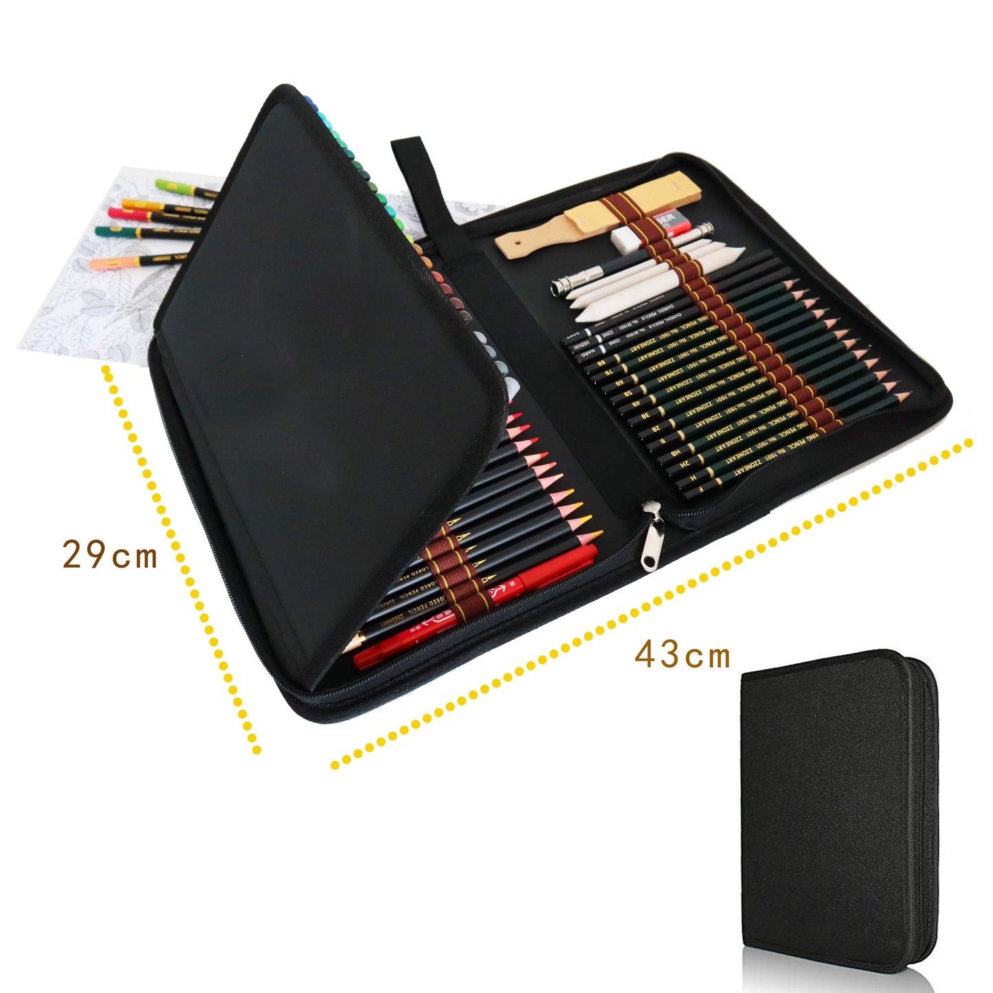 Colored pencils, sketching pencils, and drawing pencils set for sketching and drawing. Professional art set and kit bag with 72 pieces. Set for adult coloring books.