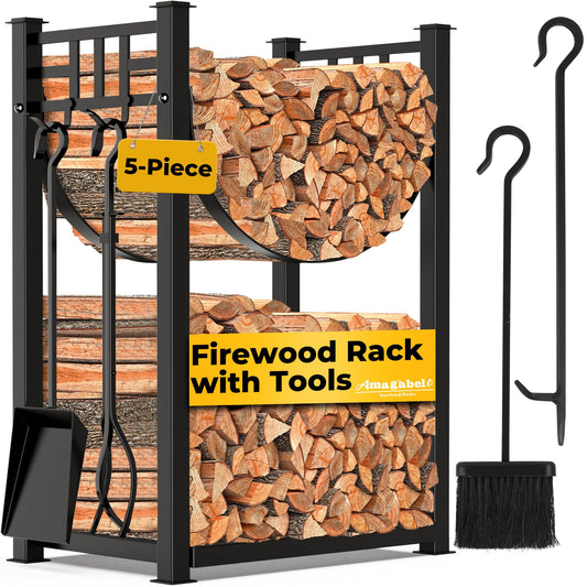 Amagabeli Firewood Rack with 4 Fireplace Tools 80cmx40cmx30cm for Indoor Outdoor Log Holder with High Firewood Rack Fireplace Wood Storage Stacking with Wrought Iron Tools Black