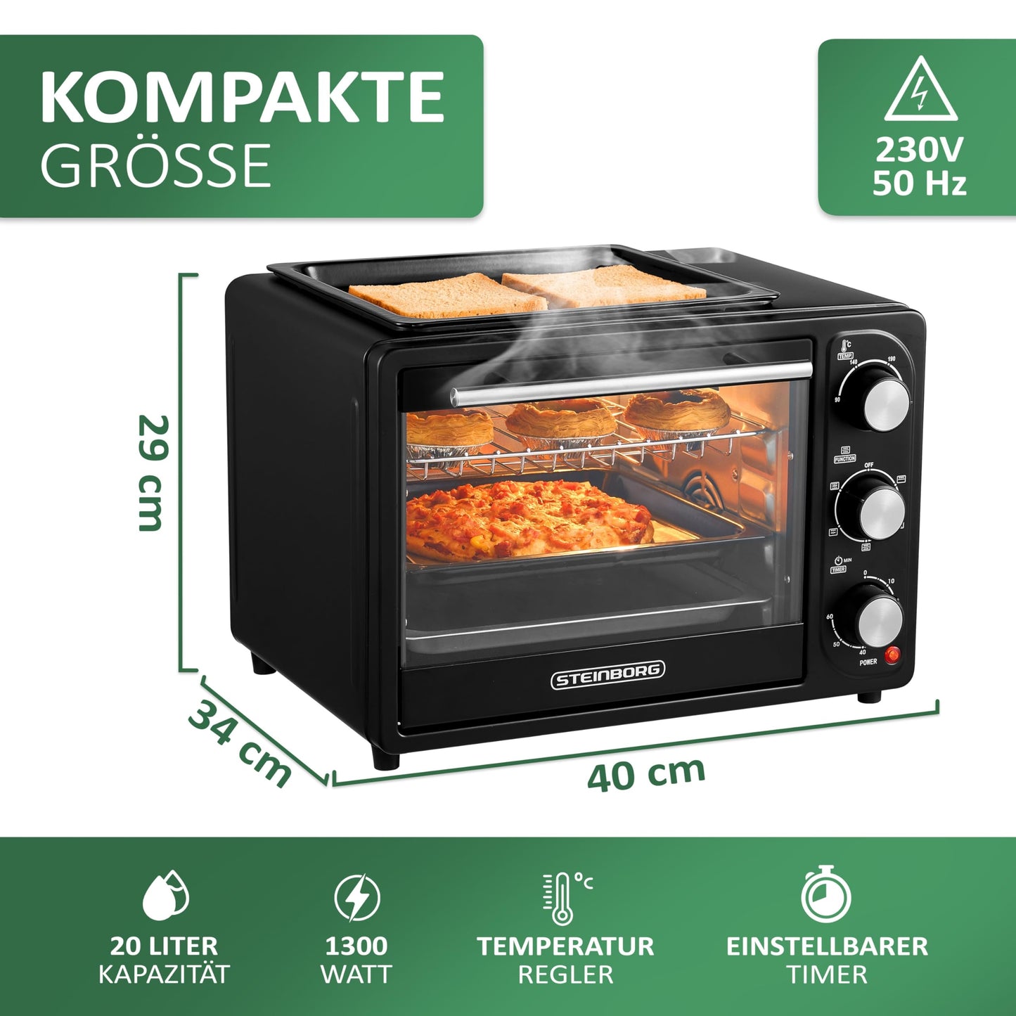 3in1 Mini Oven 20 liters with convection including warming plate | 2 baking trays + grill rack | Mini Oven | Pizza Oven | switchable fan | removable grill plate | 60 min timer | 1300W
