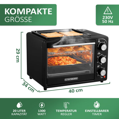 3in1 Mini Oven 20 liters with convection including warming plate | 2 baking trays + grill rack | Mini Oven | Pizza Oven | switchable fan | removable grill plate | 60 min timer | 1300W