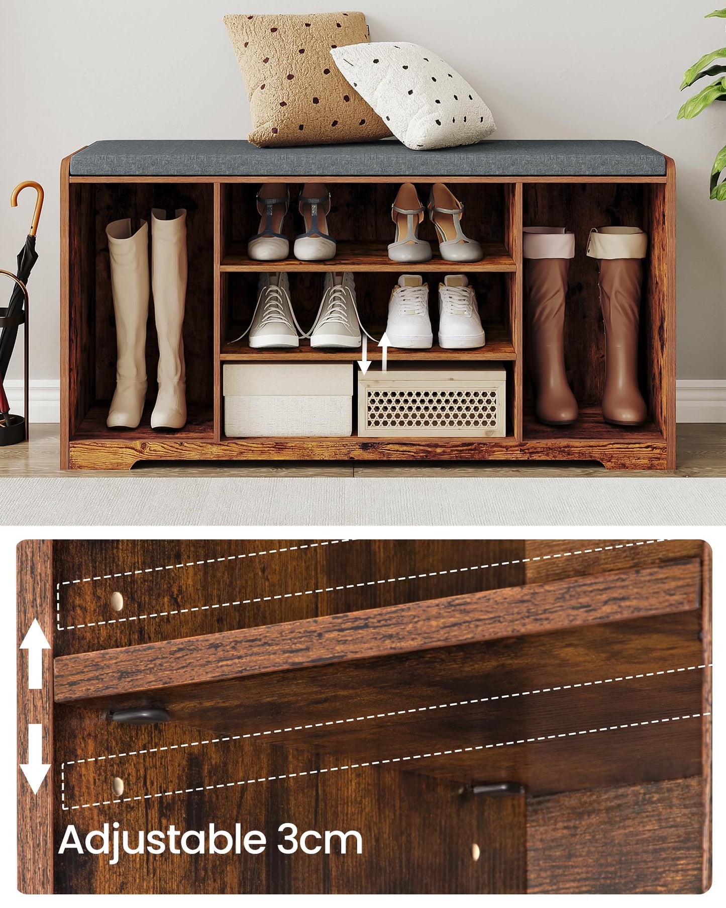 Hzuaneri shoe bench, shoe rack with seat, storage bench, cushion, 9 compartments, 30 x 103 x 52.7 cm, adjustable shelves, for living room, hallway, bedroom, vintage brown SB10001X