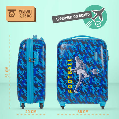 PERLETTI Blue Kids Suitcase Soccer Player - Children's Trolley Hand Luggage Lightweight 4 Wheels and Combination Lock - Hard Shell Cabin Bag Cabin Trolley Boy - Suitcase Lufthansa Ryanair 51x35x20 cm (Soccer, XS)