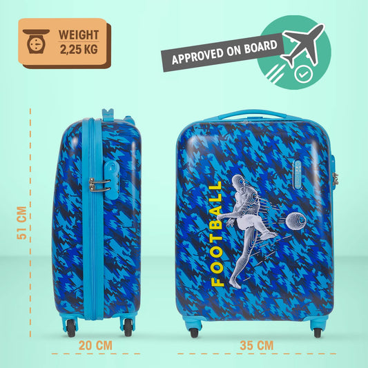 PERLETTI Blue Kids Suitcase Soccer Player - Children's Trolley Hand Luggage Lightweight 4 Wheels and Combination Lock - Hard Shell Cabin Bag Cabin Trolley Boy - Suitcase Lufthansa Ryanair 51x35x20 cm (Soccer, XS)