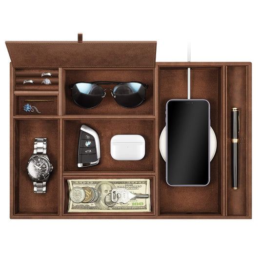 SITHON Bag emptier Table Organizer, 8 compartments Tray Organizer Storage box Faux leather Bedside cosmetic tray Nightstand coin box Key jewelry Organizer, (Brown)