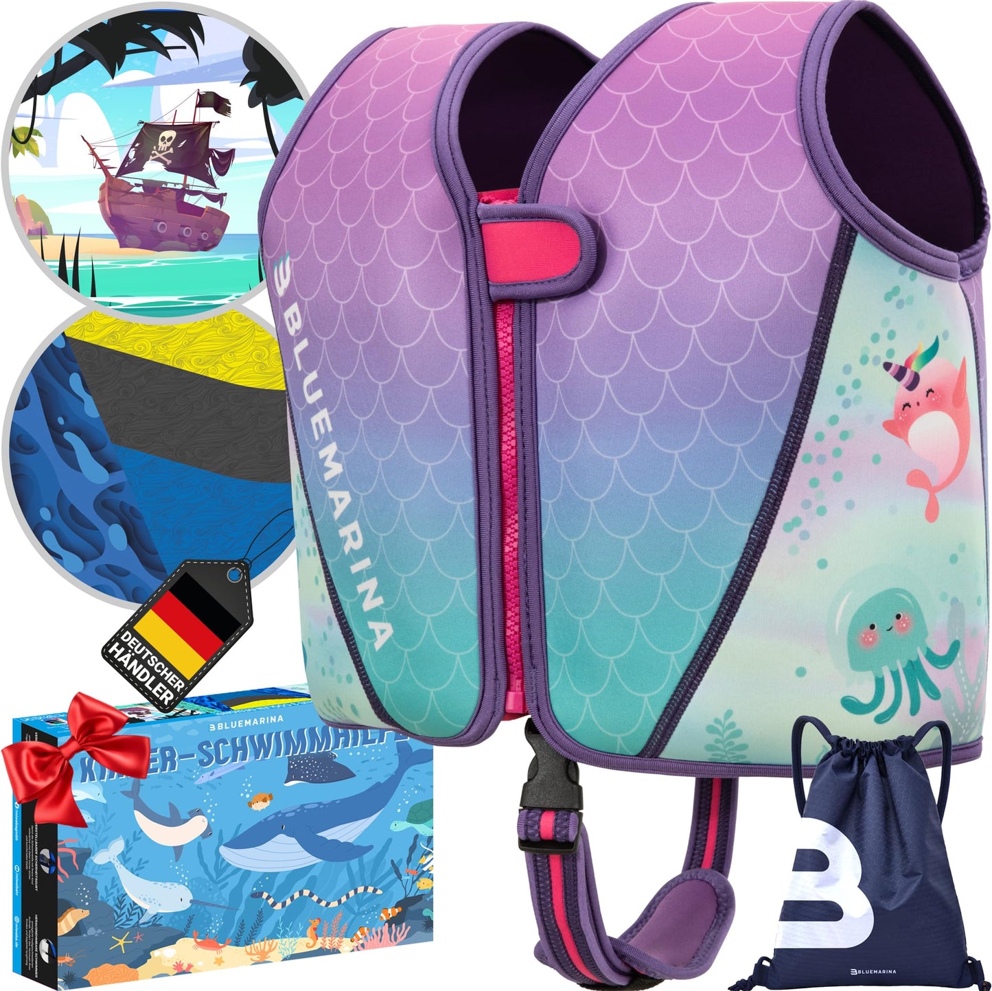 Bluemarina Children's Life Jacket | Various sizes from toddler to baby - Swim learning aid - Swim aid - Swim wings - Swim ring - Swim vest for children aged 1-9 years (Mermaid, S)