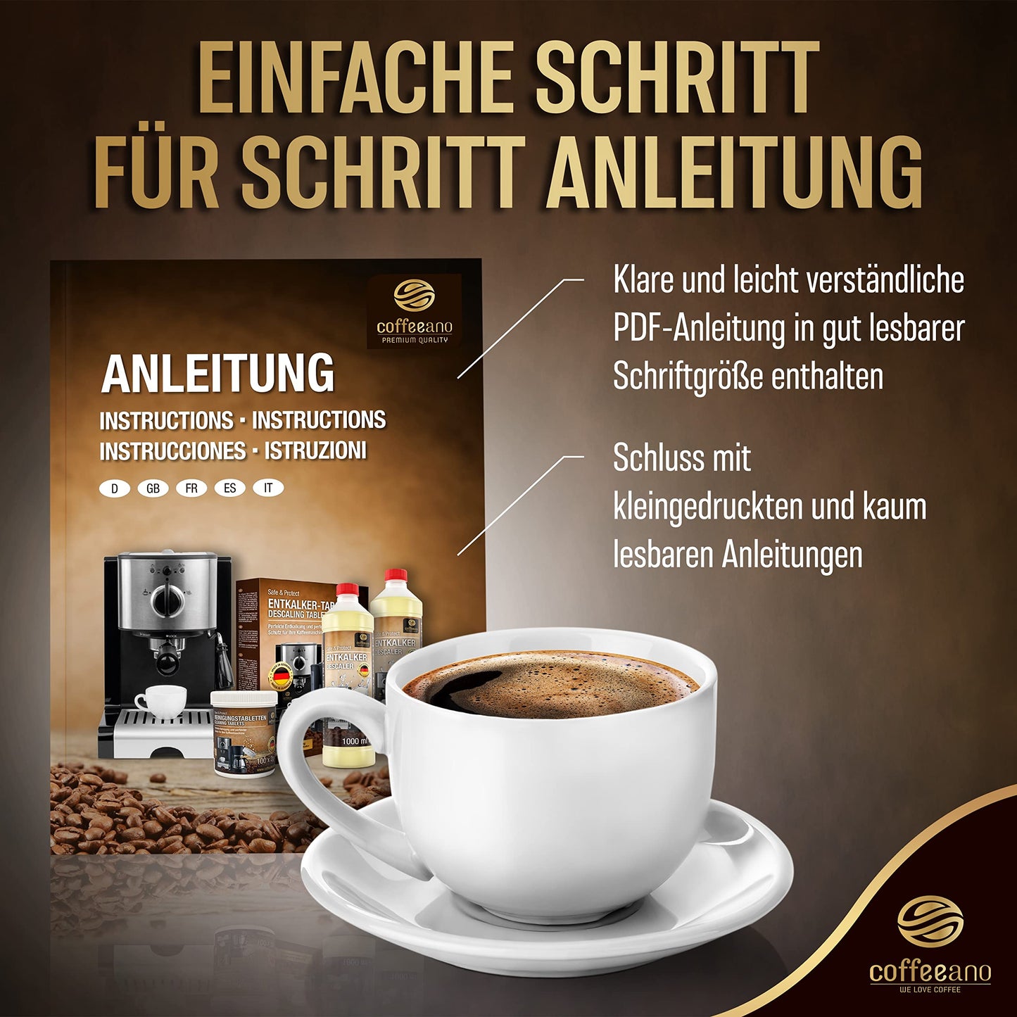 Coffeeano 150 cleaning tablets for fully automatic coffee machines and coffee makers. Cleaning tabs for Delonghi, Siemens, EQ Series, Jura, Krups, Bosch, Miele, Melitta, WMF, and more.