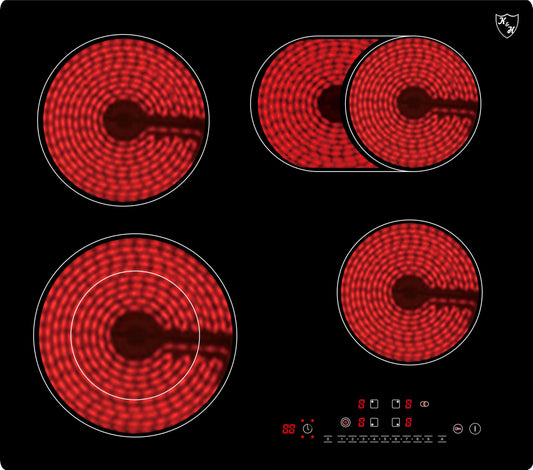 K&H Glass Ceramic Cooktop NC-7206 [4 ZONES] - 4 Cooking Zones - 4 Burner Cooktop - 4 Plate Cooktop Independent - 4 Hot Plates - High Voltage Connection - No Plug Included - 59CM 7200 Watts - 9 Power Levels
