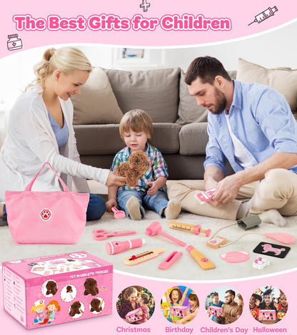 Ophy Kids Wooden Doctor Kit, Vet Toy for Kids with Plush Dog, High Simulation Stethoscope, Role-Playing Kids Vet Playset, Doctor Costume, Birthday Gifts for Girls Boys 3 4 5 6 Years.