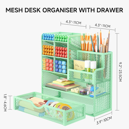 VITVITI Desk Organizer, 10 Compartments Pen Holder with Drawer, Metal Mesh Pen Stand, Desk Pen Holder for School Home Office (Green)
