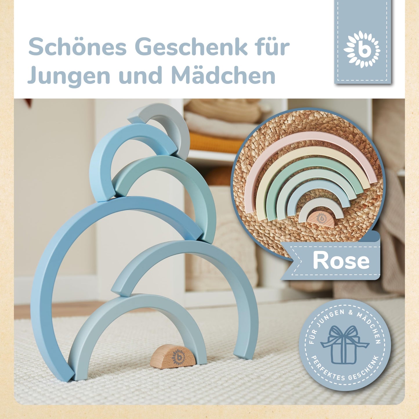 Bieco Wooden Rainbow Baby Blue - Wooden Sorting Toy - Wooden Motor Skills Toy Baby Rainbow Large - Rainbow Building Blocks Wooden Wooden Rainbow Rainbow Stackable Game Stackable Rainbow Rainbow Blue