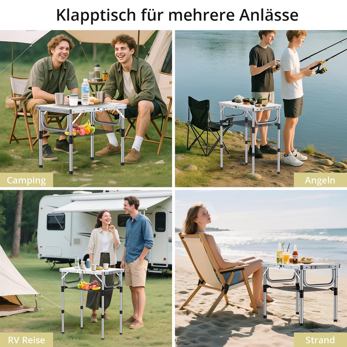 Offer camping table folding table 60x40cm aluminum frame with 3 height adjustable 26/48/70cm picnic table with storage net portable multifunction table for camping beach balcony (white)
