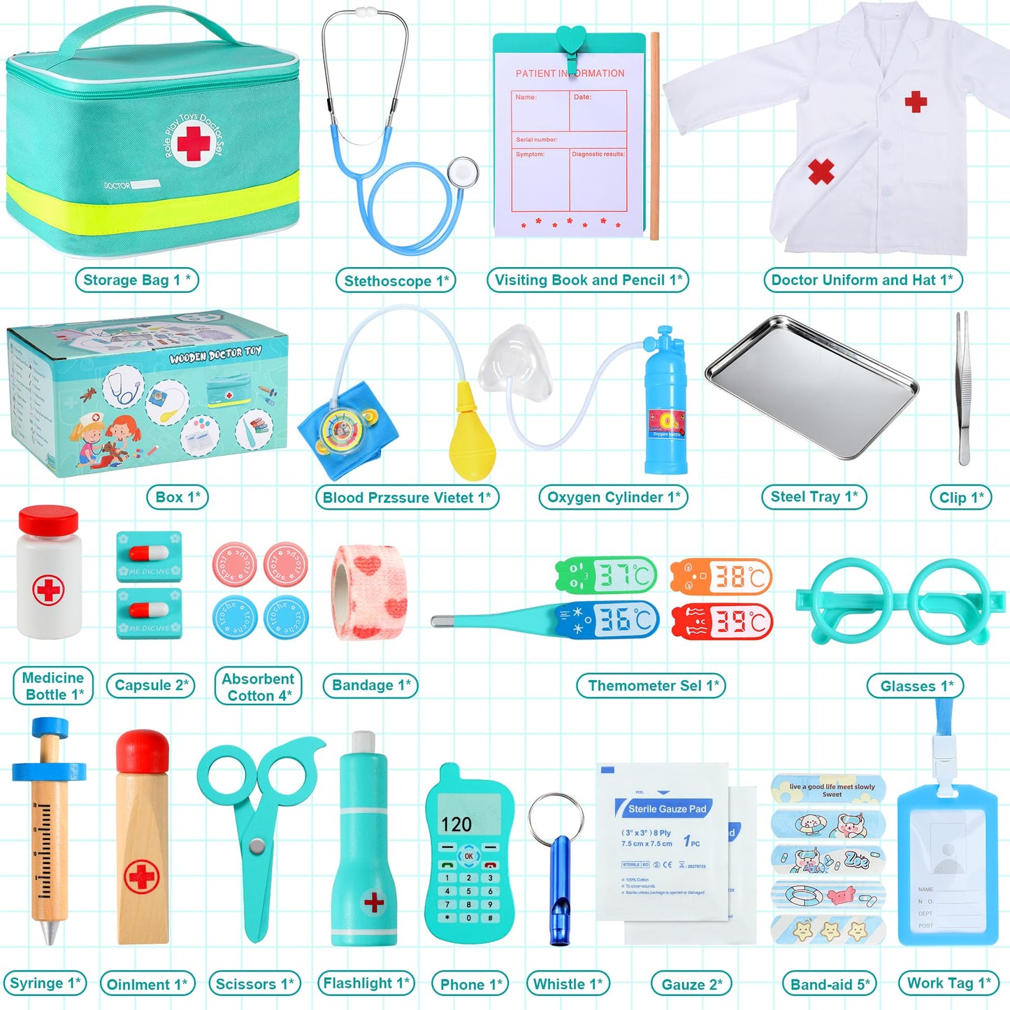 Peradix Doctor Kit for Kids 3 years and up - 39-piece wooden doctor's playset with real stethoscope, doctor's coat, thermometer, and portable bag. Perfect gift for kids aged 3, 4, 5, and 6.