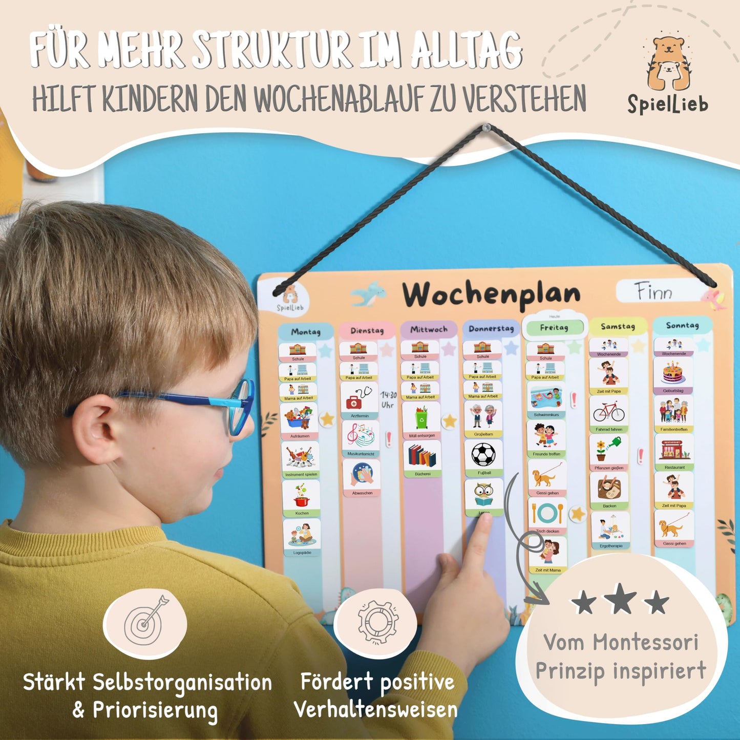SpielLieb® Montessori Weekly Planner for Kids - Magnetic Board with 216 Magnets, writable & erasable - Ideal for promoting independence & organization - Magnetic Weekly Planner for Kids