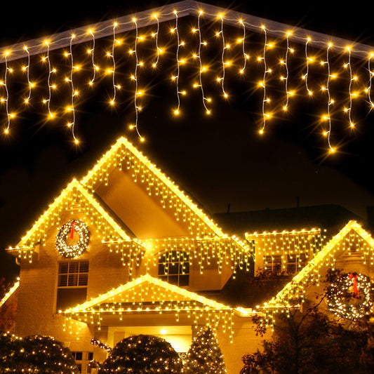 Auriostar Icicle Lights Outdoor 15M, 594 LEDs Christmas Lights Outdoor Warm White with Remote Control, Outdoor String Lights with Timer 8 Modes, Waterproof for Balcony Window House Christmas Decoration.