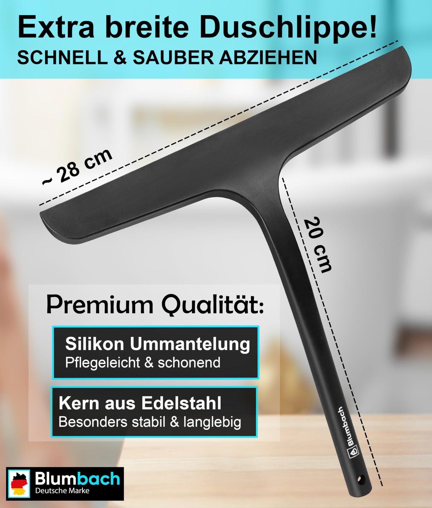 BLUMBACH® Shower Squeegee black, squeegee shower with holder 28 cm wide, window squeegee silicone with stainless steel core, shower squeegee wiper, shower wall squeegee, shower squeegee, glass squeegee.