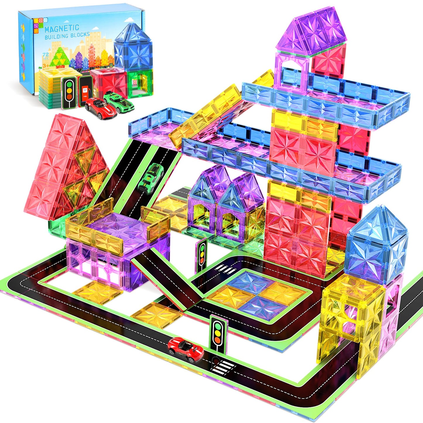 Perbabe Magnetic Building Blocks, 72 Piece Magnets Kids Stronger Magnetic Building Blocks, Magnetic Tiles City Streets Set with 2 Cars Magnetic Game for 3 4 5 6 7 8 Years Preschool Learning