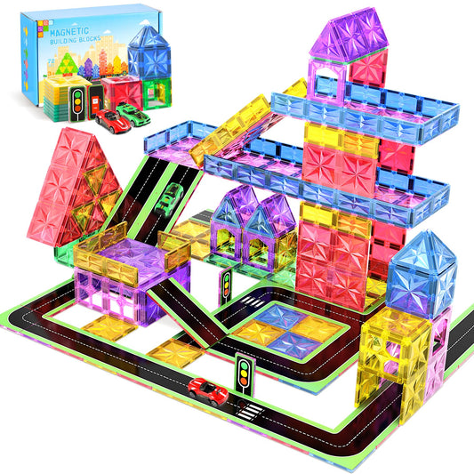 Perbabe Magnetic Building Blocks, 72 Piece Magnets Kids Stronger Magnetic Building Blocks, Magnetic Tiles City Streets Set with 2 Cars Magnetic Game for 3 4 5 6 7 8 Years Preschool Learning