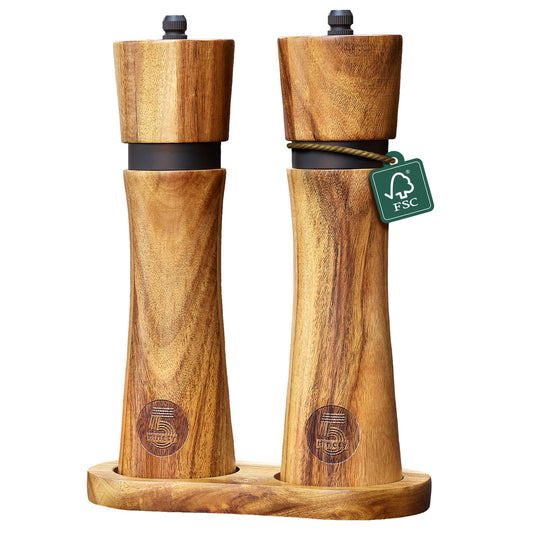 ninetyfive® premium wooden pepper mill set | salt and pepper grinder + coaster and filling spoon made of acacia wood | spice mills with ceramic grinder (21cm) | high-quality gift packaging