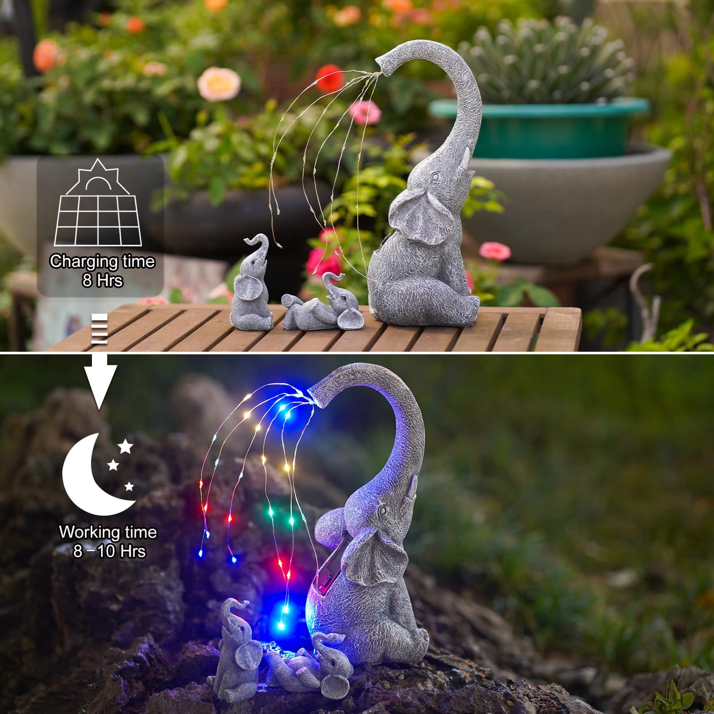 Yeomoo elephant decor garden statues with solar string lights outside: mother elephant with 2 baby elephants outdoor garden decor gifts for mom women living room weatherproof balcony patio decor