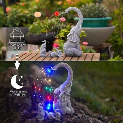 Yeomoo elephant decor garden statues with solar string lights outside: mother elephant with 2 baby elephants outdoor garden decor gifts for mom women living room weatherproof balcony patio decor