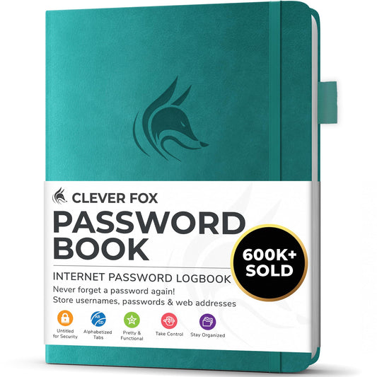 Clever Fox Password Book with Tabs - Address and Password Organizer with Alphabetical Tabs - Small Password Book for Computer and Website Logins, Aquamarine